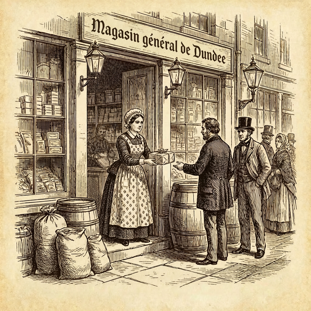Illustration of M. GOW & Co. Drapers and Tea Merchants in Dundee circa 1855.